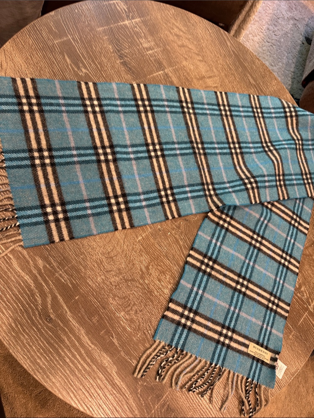 Burberry Blue and Cream Plaid Wool Scarf with Fringe